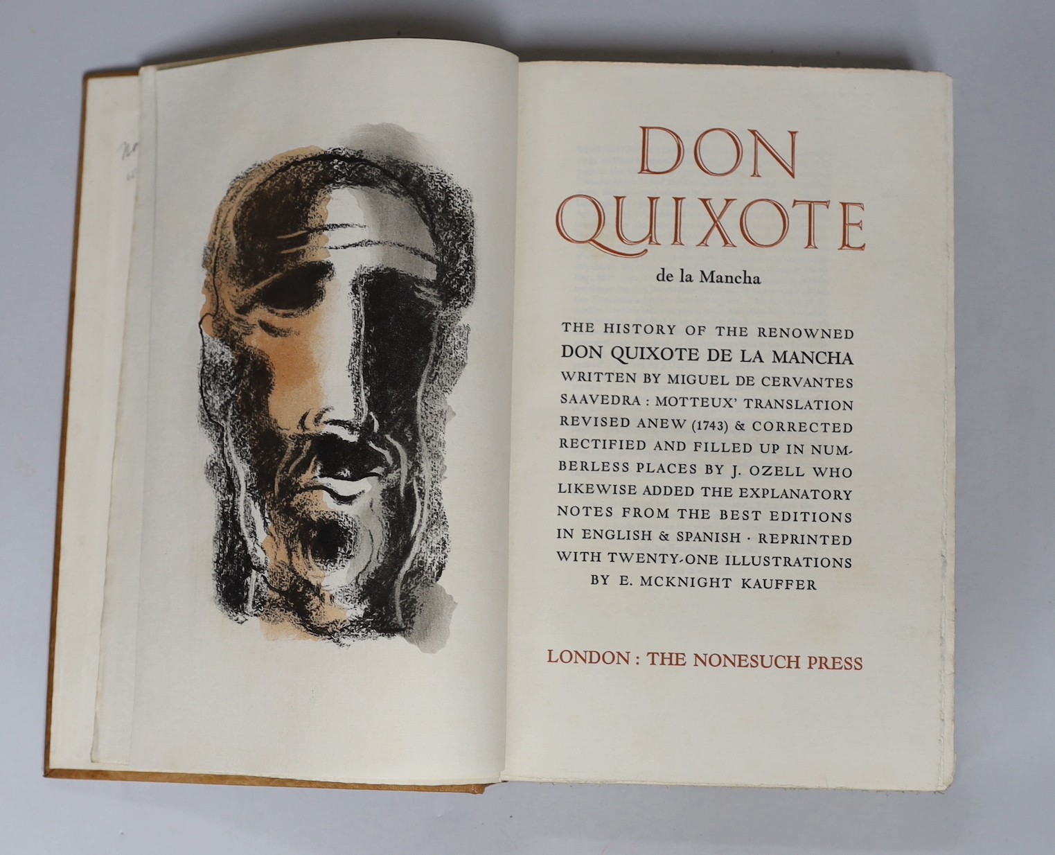 Nonesuch Press - Cervantes, Miguel de - The History of the renowned Don Quixote, 2 vols, illustrated with 21 colour plates by E. McKnight Kauffer, one of 1475, 8vo, tan niger, The Nonesuch Press, London, 1930